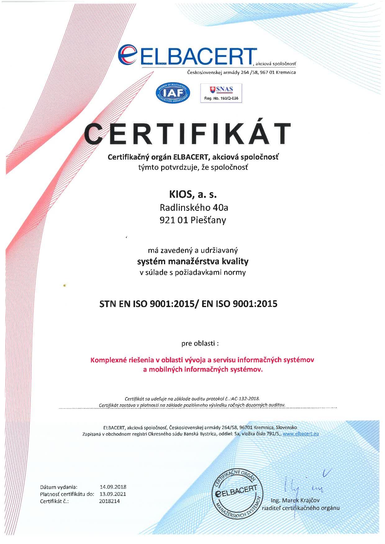 Certifikát ISO 9001:2008