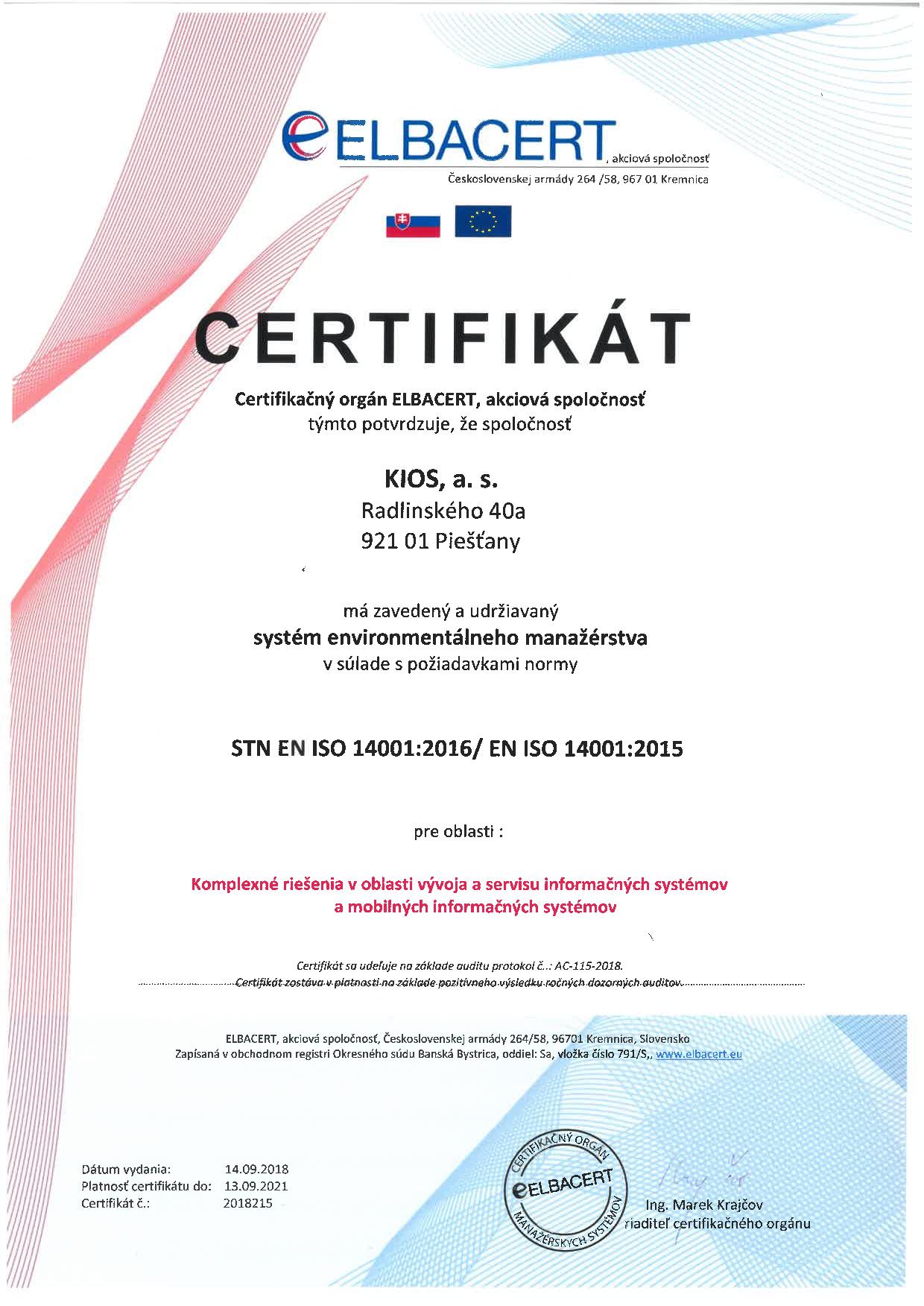 Certifikát ISO 14001:2004