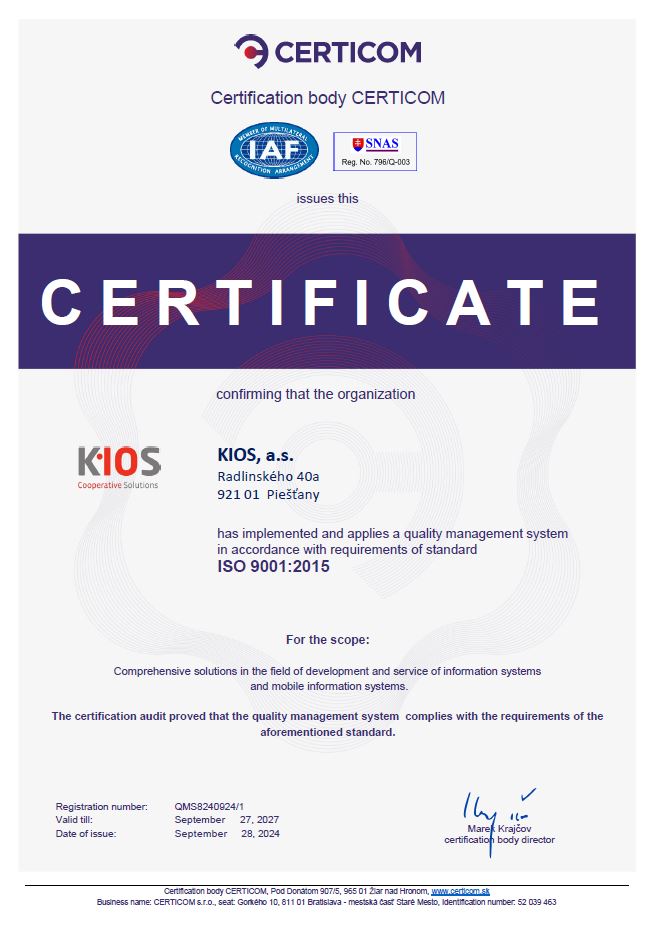 Certificate ISO 9001:2015