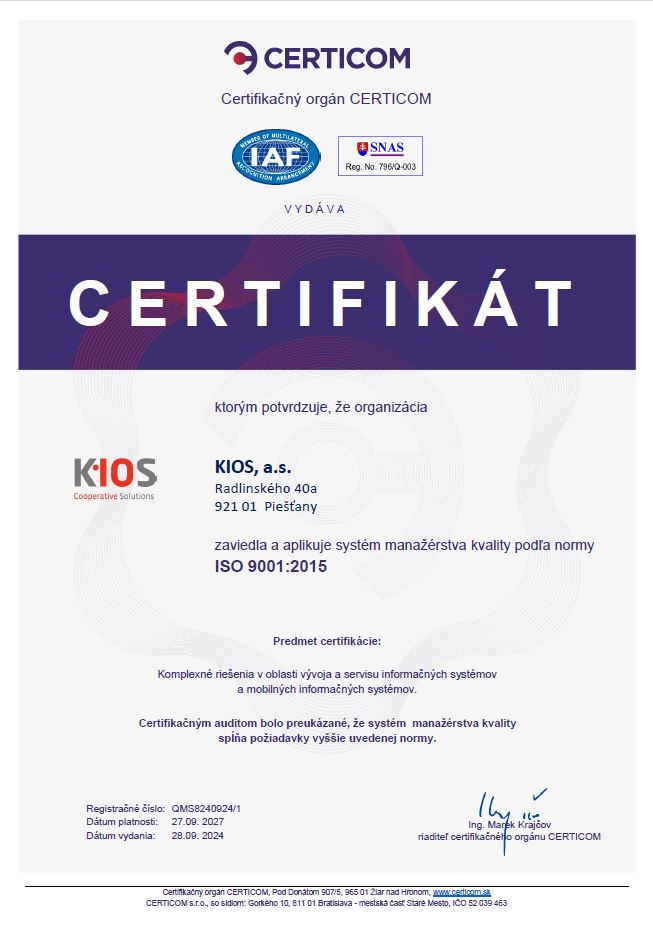 Certifikát ISO 9001:2015