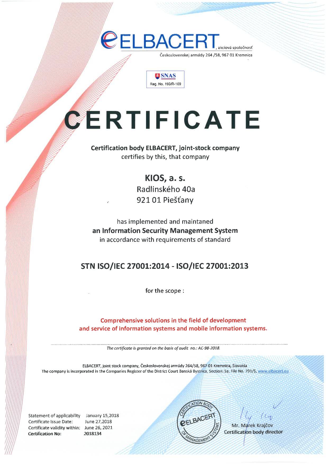 Certificates ISO 27001:2013