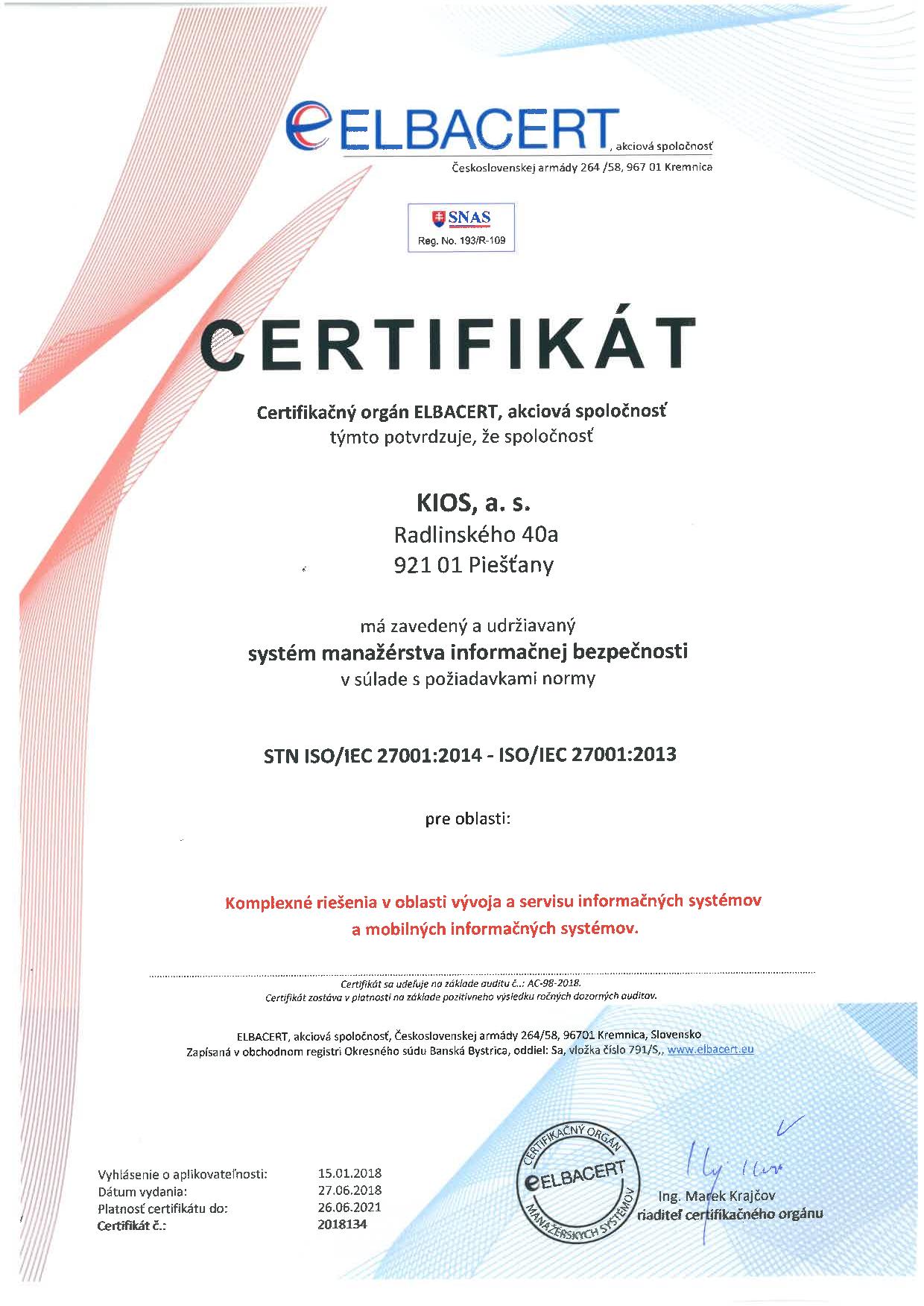 Certifikát ISO 27001:2013