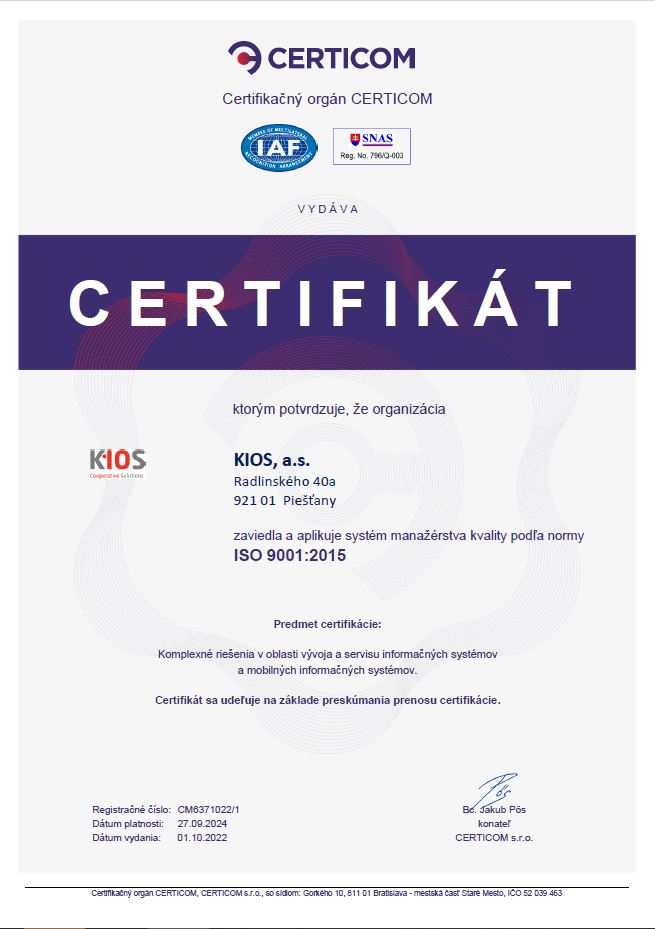 Certifikát ISO 9001:2015