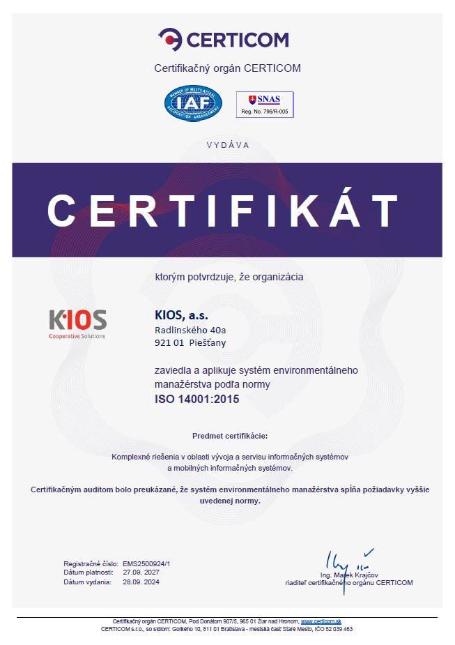 Certifikát ISO 14001:2015