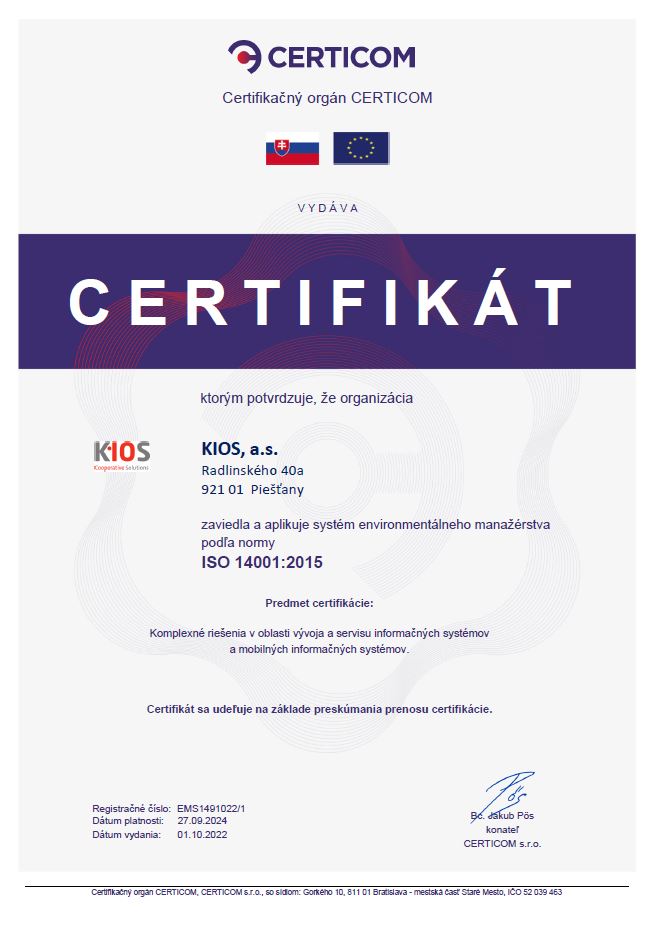 Certifikát ISO 14001:2015