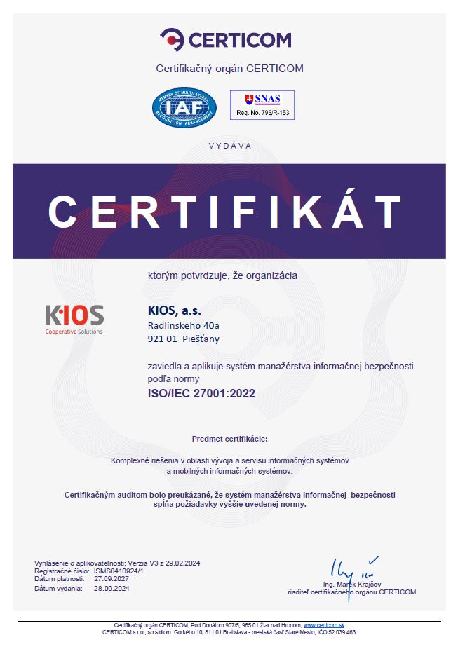 Certifikát ISO 27001:2022