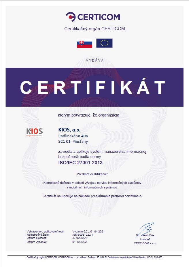 Certifikát ISO 27001:2013